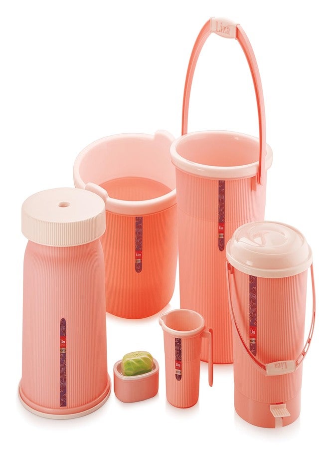 نابيا مجموعة نابيا المكونة من 6 قطع من إكسسوارات الحمام نيوتن، طقم حمام بلاستيكي مع دلو بلاستيكي سعة 20 لترًا، حوض استحمام، كوب صغير، كرسي كبير، علبة صابون، وسلة مهملات للمنزل والمطبخ والحمام (وردي) - Image 1